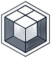 Isometric cube icon sketch with geometric lines and 3D perspective in a hexagon shape