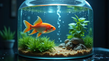 Goldfish swimming inside decorative home aquarium with green plants