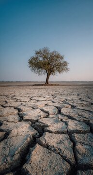 Solitary tree stands amidst cracked, dry earth under a clear, vast blue sky; a landscape of drought and isolation