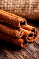 Cinnamon sticks rest in a natural arrangement on a wooden surface, displaying their curly ends and warm brown tones against a burlap backdrop. The warm colors evoke a sense of comfort