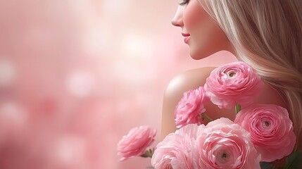 Naklejka premium Delicate female figure with a bouquet of pink flowers.