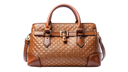 Brown quilted leather handbag with buckle detail and strap isolated on transparent background