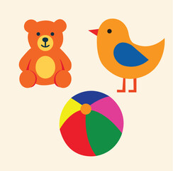 Playful Minimalist Vector Icons of Teddy Bear, Bird, and Beach Ball for Kids