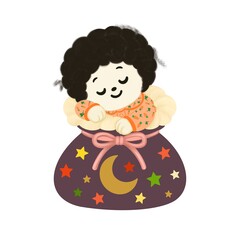Cute Korean Lucky Bag Character with Curly Hair Taking a Nap.