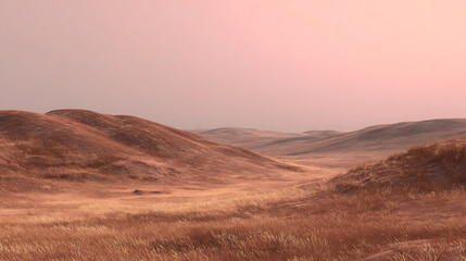 Naklejka premium Rolling desert hills with dry grass under a soft pink sky landscape