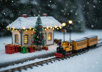 Naklejka premium Christmas train with gifts and decorated tree in the snow at night