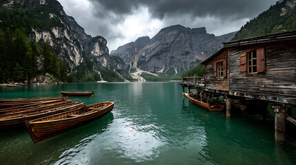 Serene alpine lake with wooden boats and rustic boathouse under dramatic cloudy sky mountains