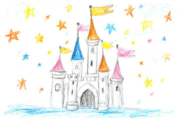 Naklejka premium Pencil and crayon drawing of a fantasy castle with flags and stars, created by a child, on white background