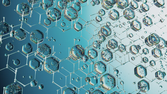 Futuristic Molecular Structure with Transparent Hexagons and Liquid Droplets