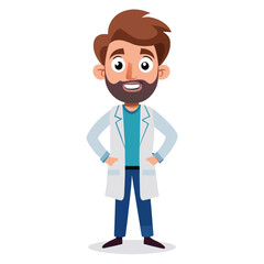 Cheerful Male Doctor with Beard in White Coat Standing Confidently With His Hands in His Pockets Ready to Help