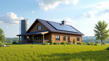 Obraz premium Modern farmhouse with silo on large green lawn