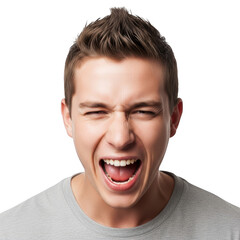 Man screaming loudly with eyes closed isolated on transparent background