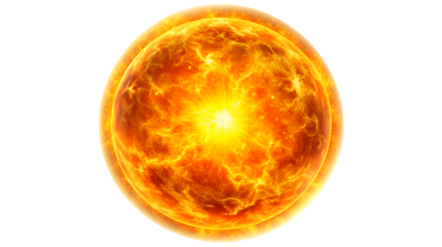 The sun, a brilliant star with a glowing core isolated on transparent background