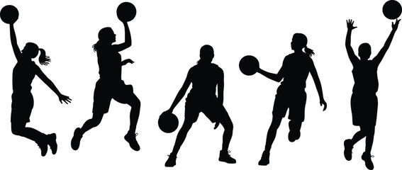 Basketball player silhouettes, dynamic action poses, dribbling, shooting, jumping, athletic movement, sports vector, black and white design, game illustration