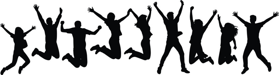 Group jumping silhouettes, celebration pose, happy people, teamwork success, unity and joy, energetic movement, fun, vibrant, cheerful, expressive vector