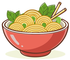 Bowl of Noodles with Chopsticks, Herbs, and Greens Vector Illustration