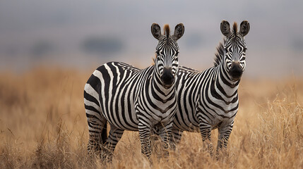 Obraz premium Two zebras standing in dry golden grass wildlife animals