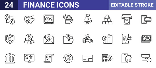 Finance Editable Stroke Vector Icon Set – Piggy Bank, Safe, Wallet, Credit Card, ATM, Money Bag, Growth Chart, Bank, Calculator, Mobile Payment, Invoice, Gold Bars, Currency Exchange