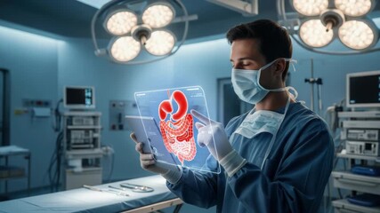 Surgeon using futuristic digital interface for examining digestive system in operating room - Powered by Adobe