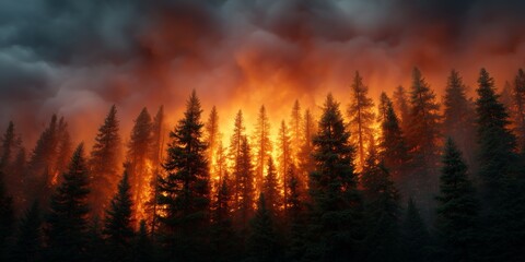 Obraz premium Dramatic wildfire engulfing a dense forest with towering trees under a dark, smoky sky at dusk