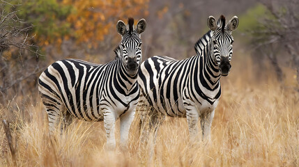 Fototapeta premium Two zebras standing in dry golden grass with blurred background wildlife animals