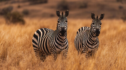 Fototapeta premium Two zebras standing in dry golden grass wildlife savanna