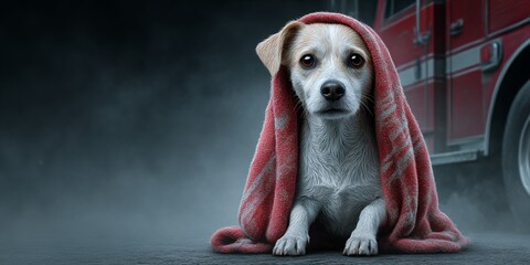 Wet dog wrapped in a rescue blanket looks hopeful after being saved from a difficult situation