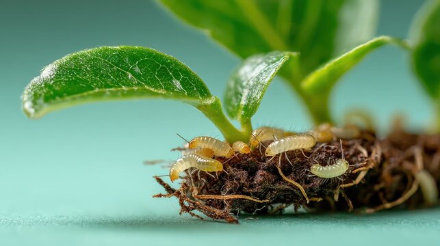 White fungus gnat larvae feeding on roots of young philodendron in potting mix