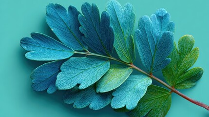 Obraz premium Single sprig of rue with pinnate leaves on pale mint background in minimalist style