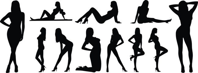 Elegant female silhouettes, fashion poses, black vector design, high heels, artistic stance, stylish women, minimal art, graphic illustration, model icons