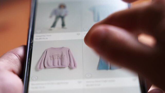 Extreme close-up of a smartphone in hand showing an online clothing store; a fingertip scrolls through items, preparing to select and purchase.