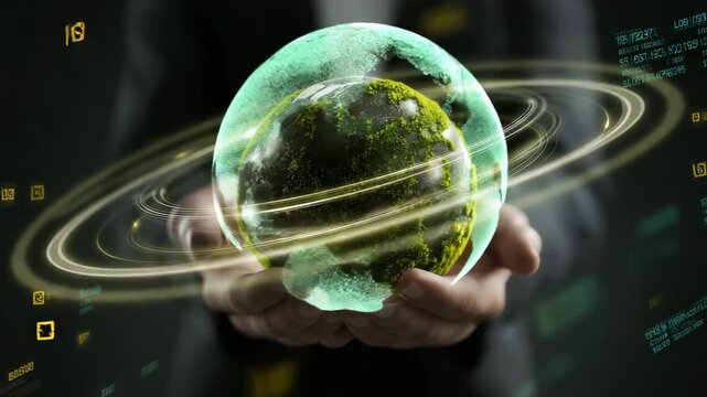 Erneuerbare Energien &ndash; Moos-Erde in H&auml;nden mit dynamischen Lichtringen als Symbol f&uuml;r Klimaschutz. K&uuml;nstliche Intelligenz KI