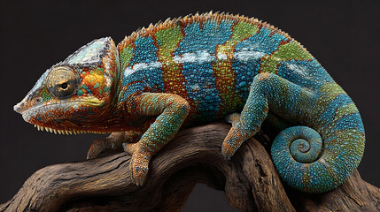 Obraz premium Vibrant chameleon perched on weathered wood reptile colorful