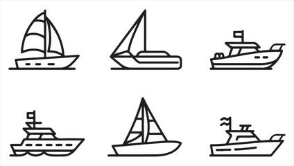 Collection of Nautical Icons Depicting Boats, Yachts, and Marine Vessels for Adventure and Travel Graphics