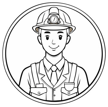 miner portrait in circle, black and white clip art preview