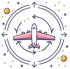Airplane in orbit with directional arrows and celestial elements illustration