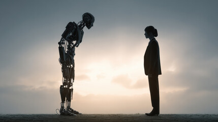 AI ethics debate concept with robot and human silhouettes facing off
