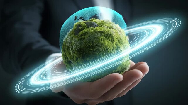 Erneuerbare Energien &ndash; Moos-Erde in H&auml;nden mit dynamischen Lichtringen als Symbol f&uuml;r Klimaschutz. K&uuml;nstliche Intelligenz KI