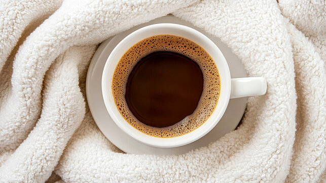 Comforting top-down perspective of warm cup of coffee with rich crema, gently placed on luxurious, inviting white sherpa blanket, ideal for cozy moment.