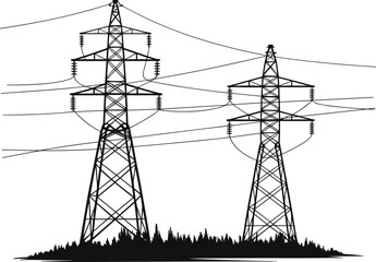 High voltage transmission towers, electricity pylons silhouette, power line infrastructure, rural energy grid, lattice structure, electrical network, utility poles