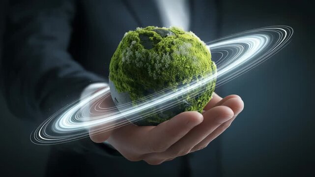 Erneuerbare Energien &ndash; Moos-Erde in H&auml;nden mit dynamischen Lichtringen als Symbol f&uuml;r Klimaschutz. K&uuml;nstliche Intelligenz KI
