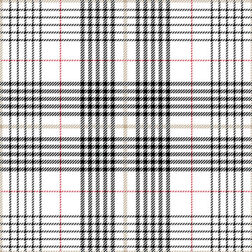Pied-de-poule seamless pattern in black, red, white and beige. Seamless tartan hounds tooth check plaid graphic for modern textile. Vector EPS 10