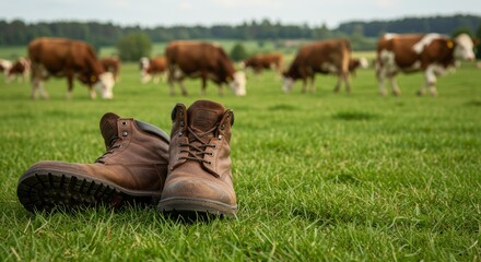 Brown Shoes Of Farmer in Meadow, Leather Shoes in Green Field , Cow Farm  