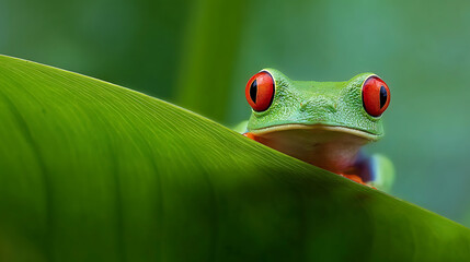 Vibrant green frog with striking red eyes peeking from a large leaf red eyed tree frog
