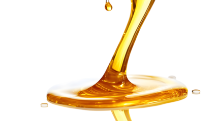 A small amount of honey is dripping from a spoon. The honey is golden in color and has a thick consistency. The spoon is tilted, causing the honey to flow out in a slow, steady stream