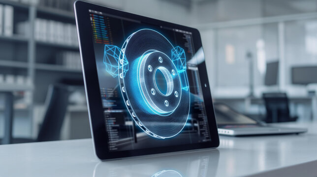 Holographic car brake disc design on tablet. Futuristic automotive engineering and augmented reality technology for vehicle safety development. - Powered by Adobe