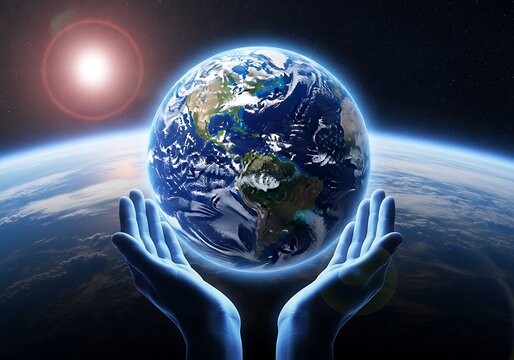 Humanity s gentle embrace of the earth in a cosmic display of light and hope