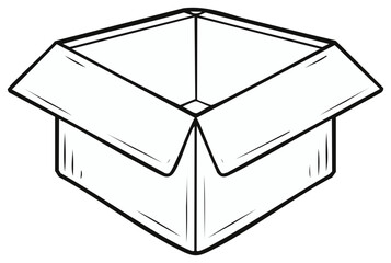 Simple black and white line art illustration of an open empty cardboard box