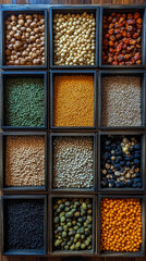 Organized overhead view of vibrant assortment of natural ingredients, including assorted grains, dried fruits, and spices, meticulously displayed in twelve rustic wooden square containers.