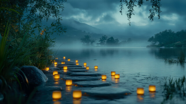 Enchanting nighttime scene with luminous stone path leading into serene lake, adorned with glowing lanterns amidst lush foliage and misty mountains under cloudy sky. - Powered by Adobe